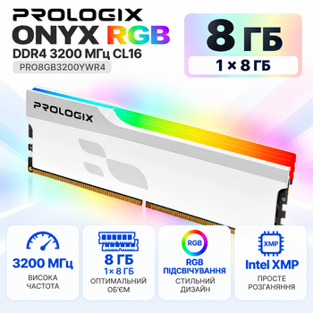 Оперативная память Prologix Onyx RGB 8 ГБ DDR4 3200 МГц CL16 White (PRO8GB3200YWR4)