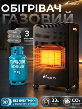 Газовый инфракрасный обогреватель TRESKO TGHZ-005 4200 Вт, до 33 м² без подключения к электросети, в комплекте с газовым баллоном Vitkovice Milmet BD-11 на 27 л, с редуктором, шлангом и чехлом для хранения