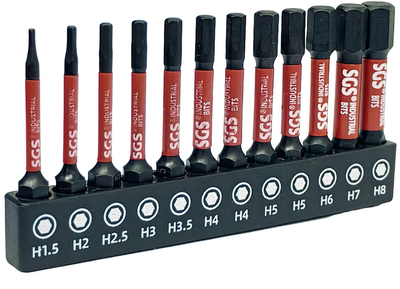 Набір шестигранних ударних біт SGS Industrial S2 HEX (H1.5–H8) 50 мм, 12 шт. (з тримачем)