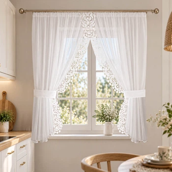 Тюлева занавіска коротка з мереживом Турецький Завиток Adagio Windows Decor 1,4х1,7м -2шт на одній тасьмі, легкі прозорі білі штори з шифону