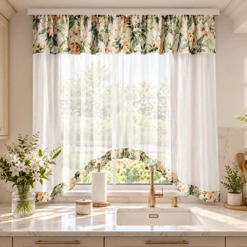Коротка кухонна тюлева занавіска - арка Квітковий Акорд з зеленим листям Adagio Windows Decor 2,8х1,6м