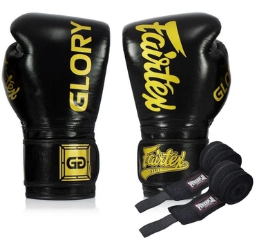 Боксерские перчатки Fairtex натуральная кожа 16 унций черные с бинтами.