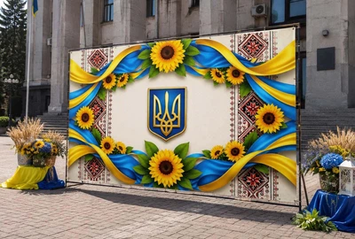 Баннер для фотозоны патриотический PHOTODECOR «Трезубец, подсолнухи и лента» 1 кв.м
