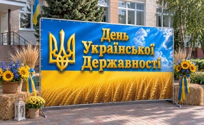 Баннер для фотозоны патриотический PHOTODECOR «День Украинской Государственности — Трезубец и пшеница» 1 кв.м