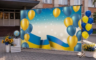 Баннер для фотозоны патриотический PHOTODECOR «Жёлто-голубые шары и лента 1» 1 кв.м