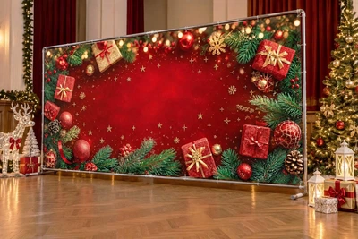 Баннер для фотозоны новогодний PHOTODECOR «Червоний фон із ялиновими гілками, подарками та новорічними» 1 кв.м