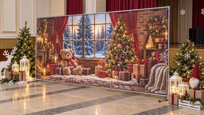 Баннер для фотозоны новогодний PHOTODECOR «вітальня з великим окном на зимний лес, мишкаом, ёлкой» 1 кв.м
