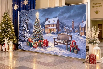 Баннер для фотозоны новогодний PHOTODECOR «Зимове городок з ёлкой та лавкою біля будинку» 1 кв.м