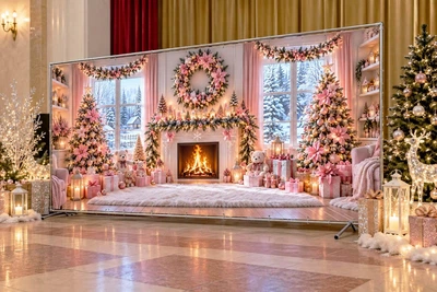 Баннер для фотозоны новогодний PHOTODECOR «Розовые ёлки с мишками» 1 кв.м