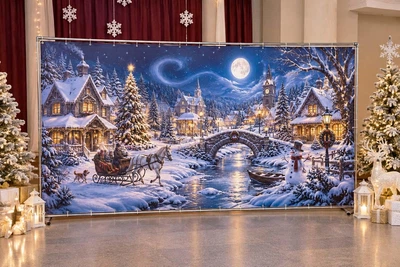 Баннер для фотозоны новогодний PHOTODECOR «Зимний городок с мостиком и луной» 1 кв.м