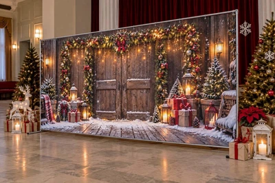 Баннер для фотозоны новогодний PHOTODECOR «Темні дерев'яні двері з гирляндами, подарками та фонарями н» 1 кв.м