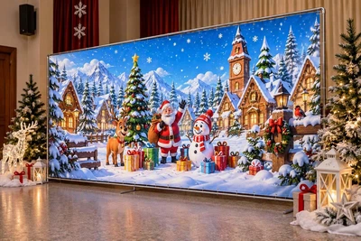 Баннер для фотозоны новогодний PHOTODECOR «Санта з оленем, снеговик і подарки на тлі засніженого містеч» 1 кв.м