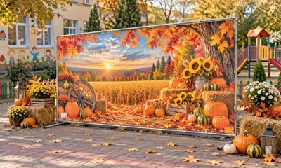Баннер для фотозоны осенний PHOTODECOR «Тыквенное поле на закате» 1 кв.м