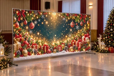 Баннер для фотозоны новогодний PHOTODECOR «Святкові подарки, ялинкові кульки та сяючі гірлянди на темно» 1 кв.м