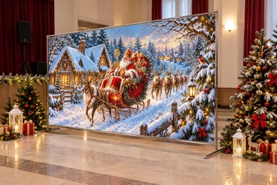 Баннер для фотозоны новогодний PHOTODECOR «Святой Николай у санях із оленями біля засніженого села та буд» 1 кв.м