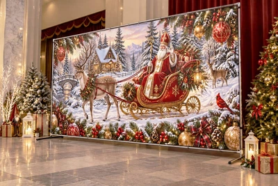 Баннер для фотозоны новогодний PHOTODECOR «Святой Николай у санях із посохом та оленями на тлі засніженог» 1 кв.м