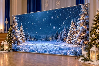 Баннер для фотозоны новогодний PHOTODECOR «Зимовий нічний лес із сяючими гирляндами на деревах та зоряним» 1 кв.м