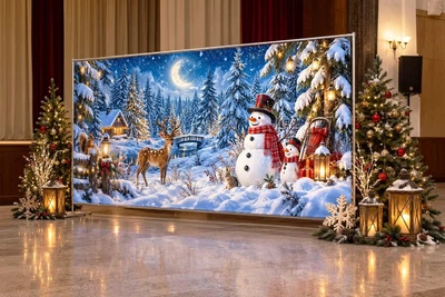 Баннер для фотозоны новогодний PHOTODECOR «Зимовий нічний пейзаж із луной, оленем і снеговиками» 1 кв.м