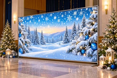 Баннер для фотозоны новогодний PHOTODECOR «Зимовий лес із синіми кулями та сніжинками» 1 кв.м