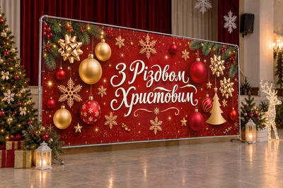 Баннер для фотозоны новогодний PHOTODECOR «Червоний фон із написом С Рождеством Христовым, золотыми та черво» 1 кв.м