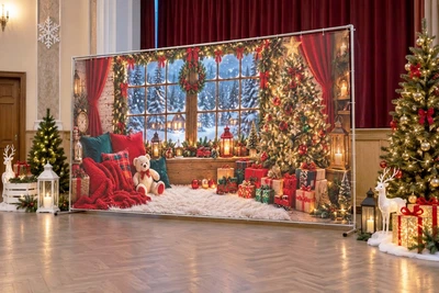 Баннер для фотозоны новогодний PHOTODECOR «окно з різдвяним вінком, гирляндами, ёлкой, мишкаом та п» 1 кв.м