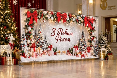 Баннер для фотозоны новогодний PHOTODECOR «С Новым годом з красными бантами та подарками» 1 кв.м