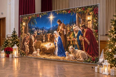 Баннер для фотозоны новогодний PHOTODECOR «Різдвяний вертеп із біблійним сюжетом, волхвами та сяючою Віфл» 1 кв.м