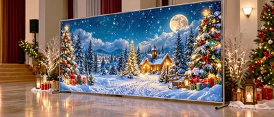 Баннер для фотозоны новогодний PHOTODECOR «Зимова нічна казка з ёлками, домиком і повним луной» 1 кв.м