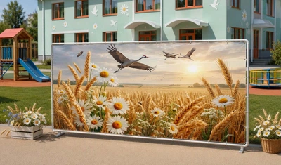 Баннер для фотозоны патриотический PHOTODECOR «Украинский пейзаж – ромашки и журавли» 1 кв.м