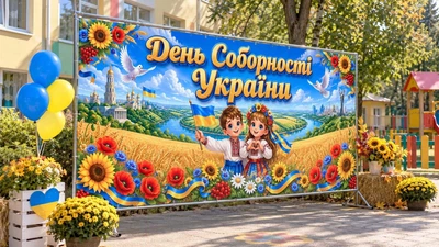 Баннер для фотозоны патриотический PHOTODECOR «День Соборности Украины — счастливое детство» 1 кв.м