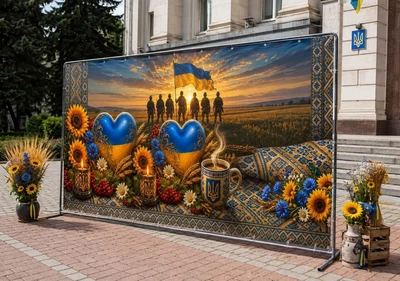 Баннер для фотозоны патриотический PHOTODECOR «Украина с воинами, сердцами, флагом, свечами и вышиванкой» 1 кв.м