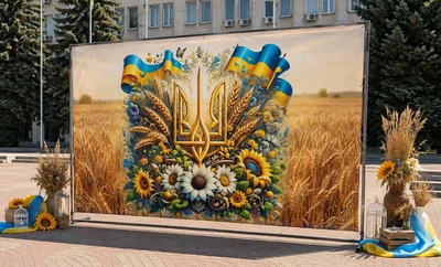 Баннер для фотозоны патриотический PHOTODECOR «Золотое поле Украины с Трезубцем и подсолнухами» 1 кв.м