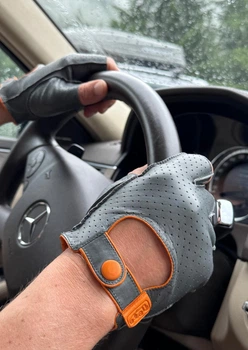 Чоловічі шкіряні автомобільні рукавички Fiorgini Premium fingerless Розмір 8,5 (M) Cірий колір шкіри з помаранчевим акцентом (22171)