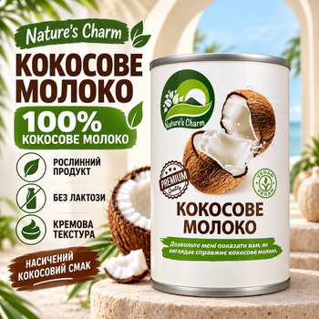 Кокосовое молоко Nature's Charm 400 мл 100% натуральное растительное без лактозы глютена сои кремовое для кофе смузи коктейлей каш десертов выпечки соусов панкейков