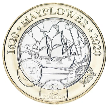 Монета Остров Мэн 2 фунта 2020 Биметалл UNC Корабль Парусник - Mayflower