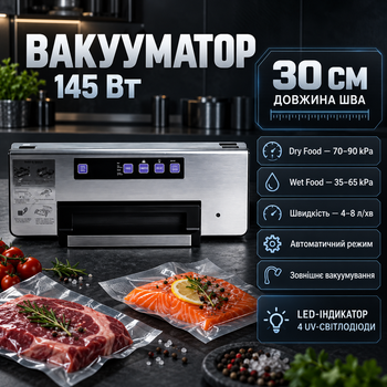 Вакуумный упаковщик 145 Вт Вакууматор для продуктов сухих влажных 30 см Профессиональная машина вакуумирования 4–8 л мин с UV светодиодами LED дисплеем резаком переходником