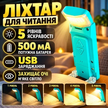 Фонарик для чтения книг светодиодная лампа на прищепке мини светильник с USB зарядкой аккумуляторный ночник 3 режима света 5 уровней яркости компактная лампа для книг учебы путешествий голубая