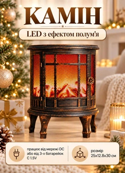 Декоративний світлодіодний камін з LED підсвіткою імітацією полум'я вогню 25х12.8х30 см нічник світильник камін новорічний для декору в кімнату від мережі DC та батарейок 3хC 1.5V Бронзовий