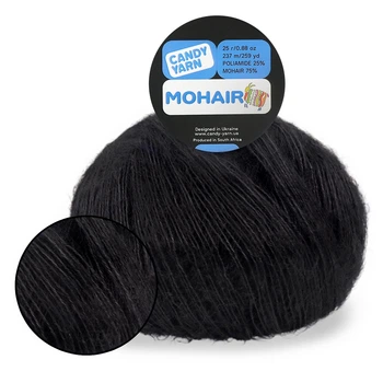 Пряжа Candy-Yarn Mohair 75%, Черный №11 - тонкая мохеровая пряжа с полиамидом 25 г / 237 м, для ажурных узоров, свитеров, шалей и кардиганов