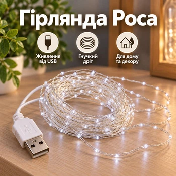 Гірлянда Роса / декоративне світлове оформлення / LED гірлянда на дроті / USB живлення YH 6382