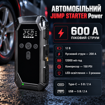 Автомобильный Jump Starter 12 В Пусковой бустер 600 А с компрессором 150 PSI Пускозарядное устройство 12000 мАч Power Bank 5 В 2 А с LED фонарем Type C