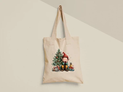 Эко сумка шоппер с принтом Эльф под елкой Рождество Бежевый 35х41 см