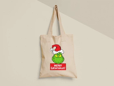 Еко торба шопер з принтом Merry Grinchmas Посмішка Грінча Бежевий 35х41 см