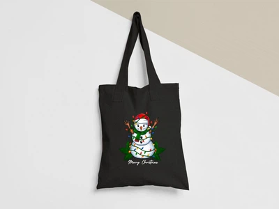 Эко сумка шоппер с принтом Merry Christmas Снеговик с гирляндой Черный 35х41 см
