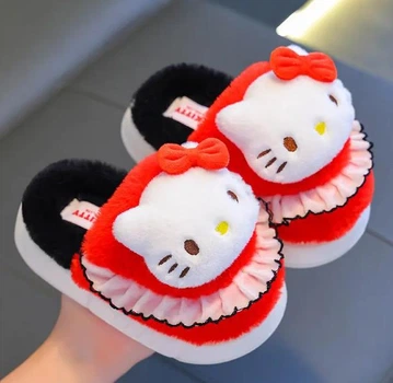 Детские комнатные тапочки плюшевые теплые Хелоу Китти для девочки Hello Kitty красные размер 28-29 по стельке 16-17см