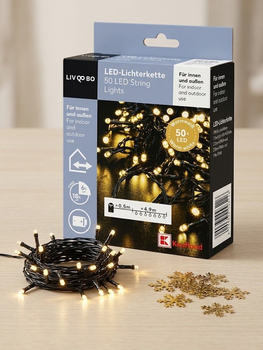 LIVARNO HOME LED гирлянда на батарейках, 50 LED, 5,4 м, теплый белый свет, 8 режимов, таймер 6 ч, IP44