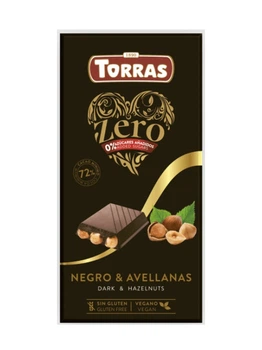 Шоколад Чорний без Глютену Torras Zero Dark&Hazelnut Chocolate 72% Cacao Торас Зеро Чорний з Фундуком Плитка 150г
