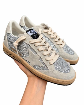 Женские кеды Golden Goose серебристо-серые из натуральной кожи с блестящими вставками ручного пошива размер 39