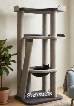 Комплекс для котика з царапками та гамаком 80*60*180 сірий з білим Оббивка меблевий велюр