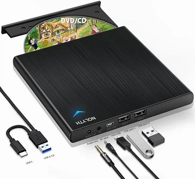 Внешний CD/DVD привод для ноутбука (USB 3.0 + Type-C) с аудиопортами и дополнительными разъемами — для Mac, Windows, ПК